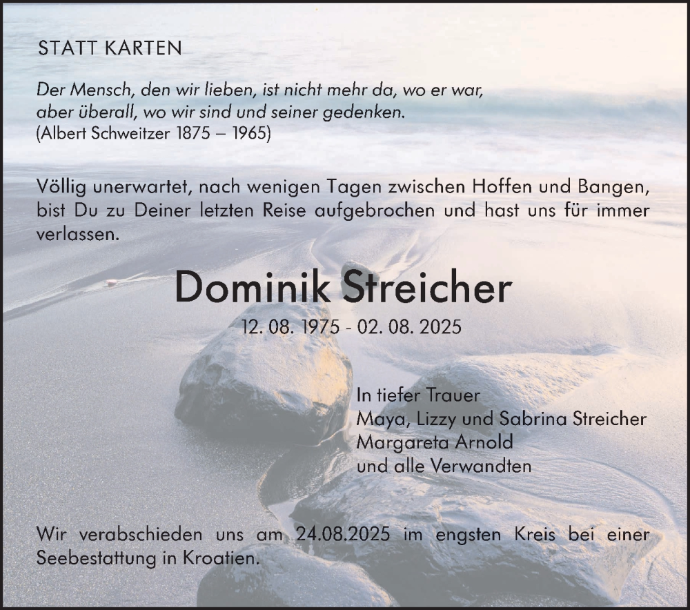 Traueranzeige für Dominik Streicher vom 18.08.2025 aus Stuttgarter Zeitung / Stuttgarter Nachrichten