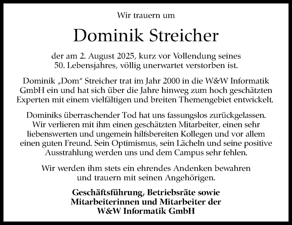 Traueranzeige für Dominik Streicher vom 18.08.2025 aus Stuttgarter Zeitung / Stuttgarter Nachrichten