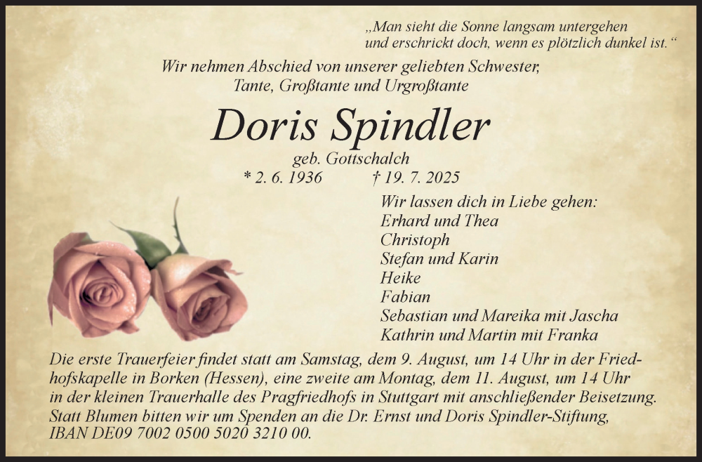  Traueranzeige für Doris Spindler vom 07.08.2025 aus Stuttgarter Zeitung / Stuttgarter Nachrichten