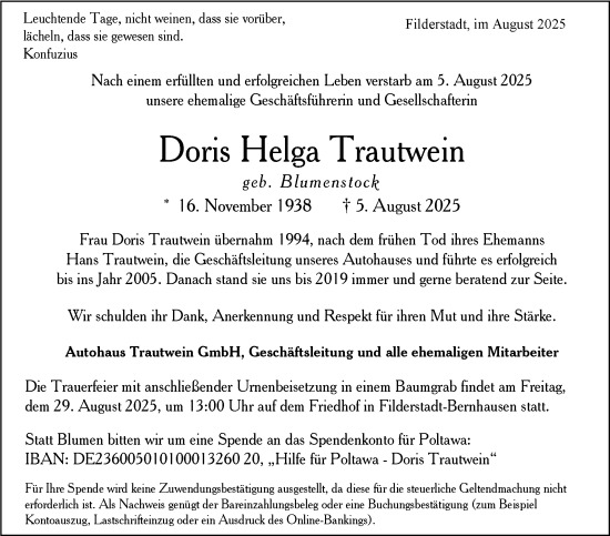 Traueranzeige von Doris Helga Trautwein von Stuttgarter Zeitung / Stuttgarter Nachrichten