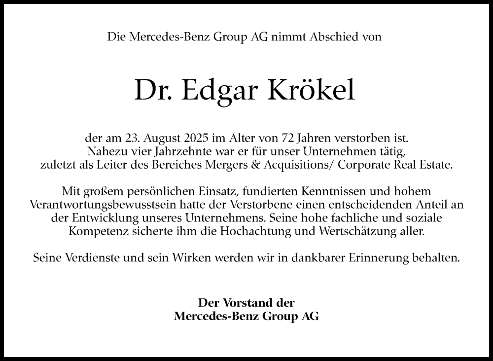  Traueranzeige für Edgar Krökel vom 30.08.2025 aus Stuttgarter Zeitung / Stuttgarter Nachrichten