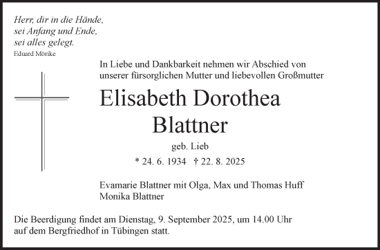 Traueranzeige von Elisabeth Dorothea Blattner von Stuttgarter Zeitung / Stuttgarter Nachrichten