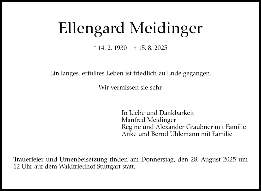  Traueranzeige für Ellengard Meidinger vom 23.08.2025 aus Stuttgarter Zeitung / Stuttgarter Nachrichten