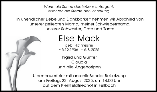 Traueranzeige von Else Mack von Stuttgarter Zeitung / Stuttgarter Nachrichten