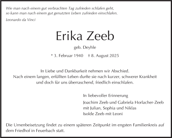 Traueranzeige von Erika Zeeb von Stuttgarter Zeitung / Stuttgarter Nachrichten