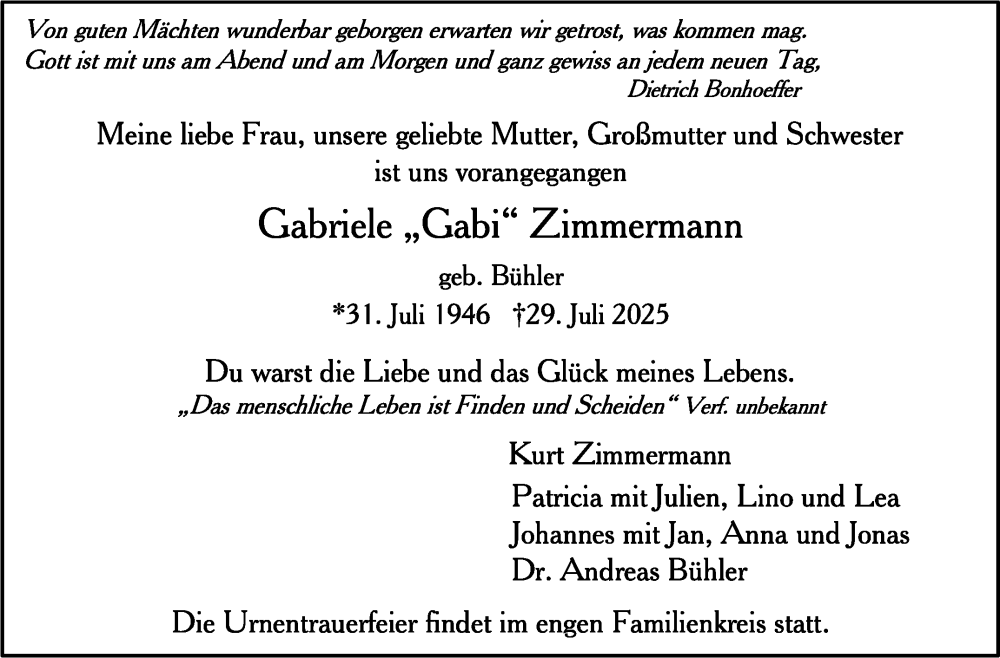  Traueranzeige für Gabriele Zimmermann vom 09.08.2025 aus Stuttgarter Zeitung / Stuttgarter Nachrichten