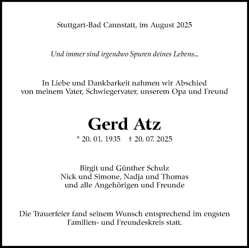  Traueranzeige für Gerd Atz vom 16.08.2025 aus Stuttgarter Zeitung / Stuttgarter Nachrichten