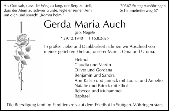 Traueranzeige von Gerda Maria Auch von Stuttgarter Zeitung / Stuttgarter Nachrichten