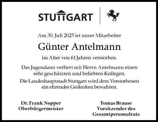 Traueranzeige von Günter Antelmann von Stuttgarter Zeitung / Stuttgarter Nachrichten