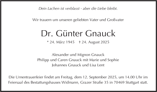 Traueranzeige von Günter Gnauck von Stuttgarter Zeitung / Stuttgarter Nachrichten