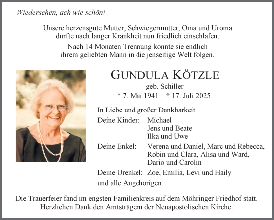 Traueranzeige von Gundula Kötzle von Stuttgarter Zeitung / Stuttgarter Nachrichten