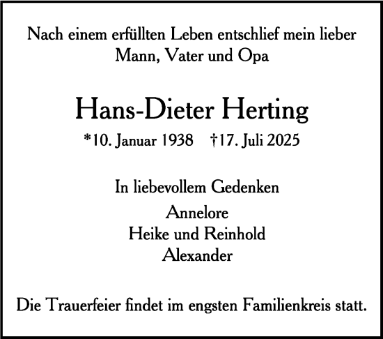 Traueranzeige von Hans-Dieter Herting von Stuttgarter Zeitung / Stuttgarter Nachrichten