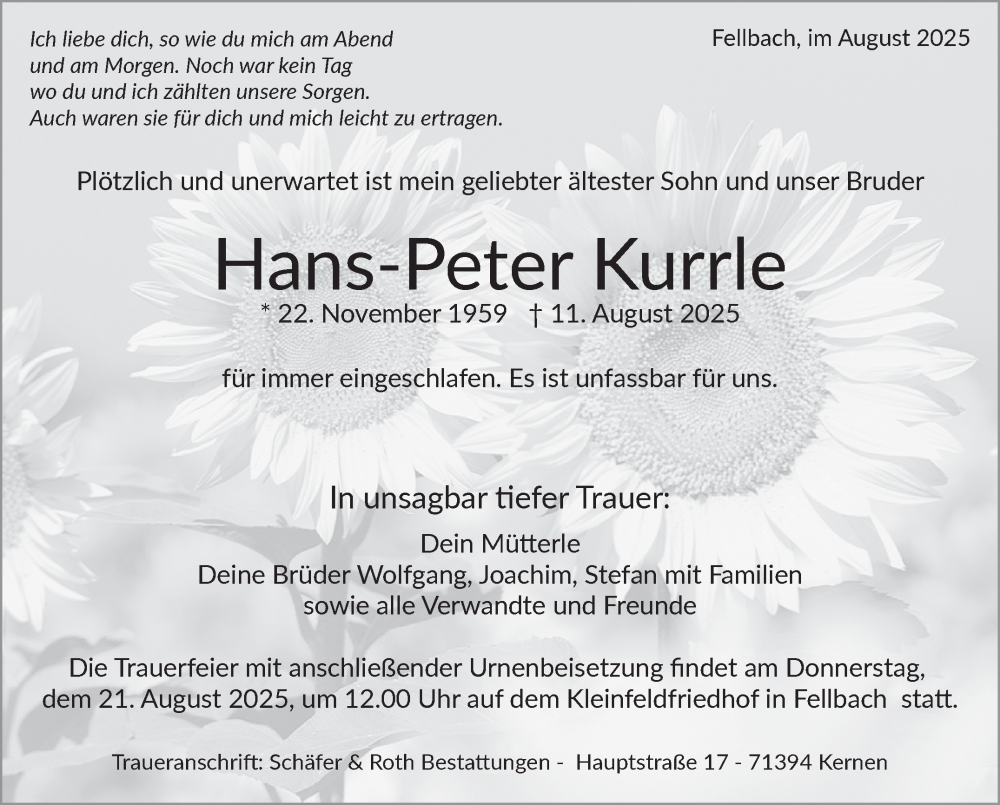  Traueranzeige für Hans-Peter Kurrle vom 18.08.2025 aus Stuttgarter Zeitung / Stuttgarter Nachrichten