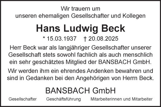 Traueranzeige von Hans Ludwig Beck von Stuttgarter Zeitung / Stuttgarter Nachrichten