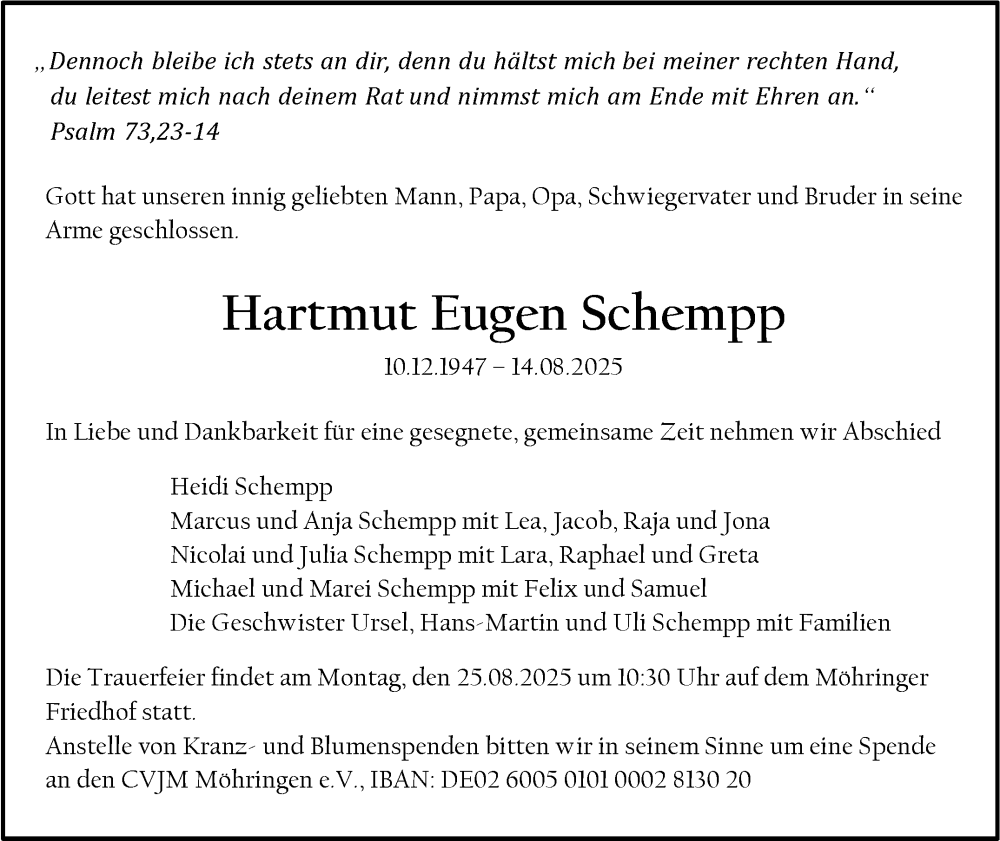  Traueranzeige für Hartmut Eugen Schempp vom 20.08.2025 aus Stuttgarter Zeitung / Stuttgarter Nachrichten