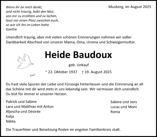 Traueranzeige von Heide Baudoux von Stuttgarter Zeitung / Stuttgarter Nachrichten