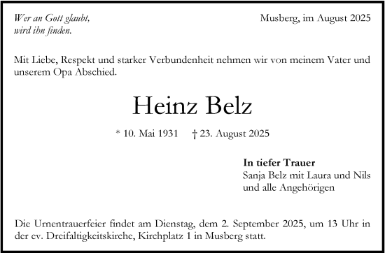 Traueranzeige von Heinz Belz von Stuttgarter Zeitung / Stuttgarter Nachrichten