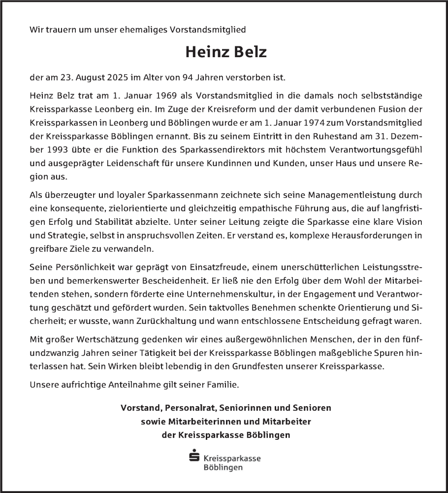  Traueranzeige für Heinz Belz vom 30.08.2025 aus Stuttgarter Zeitung / Stuttgarter Nachrichten