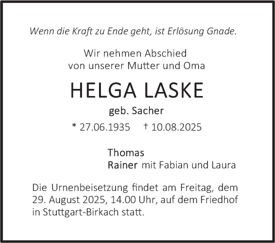 Traueranzeige von Helga Laske von Stuttgarter Zeitung / Stuttgarter Nachrichten