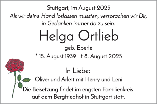Traueranzeige von Helga Ortlieb von Stuttgarter Zeitung / Stuttgarter Nachrichten