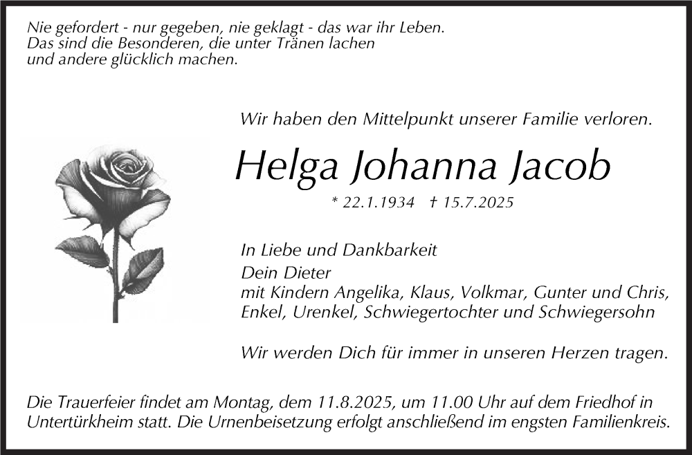  Traueranzeige für Helga Johanna Jacob vom 07.08.2025 aus Stuttgarter Zeitung / Stuttgarter Nachrichten