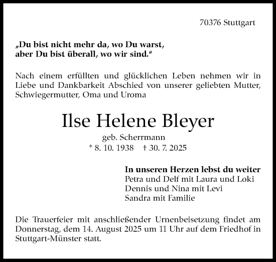 Traueranzeige von Ilse Helene Bleyer von Stuttgarter Zeitung / Stuttgarter Nachrichten