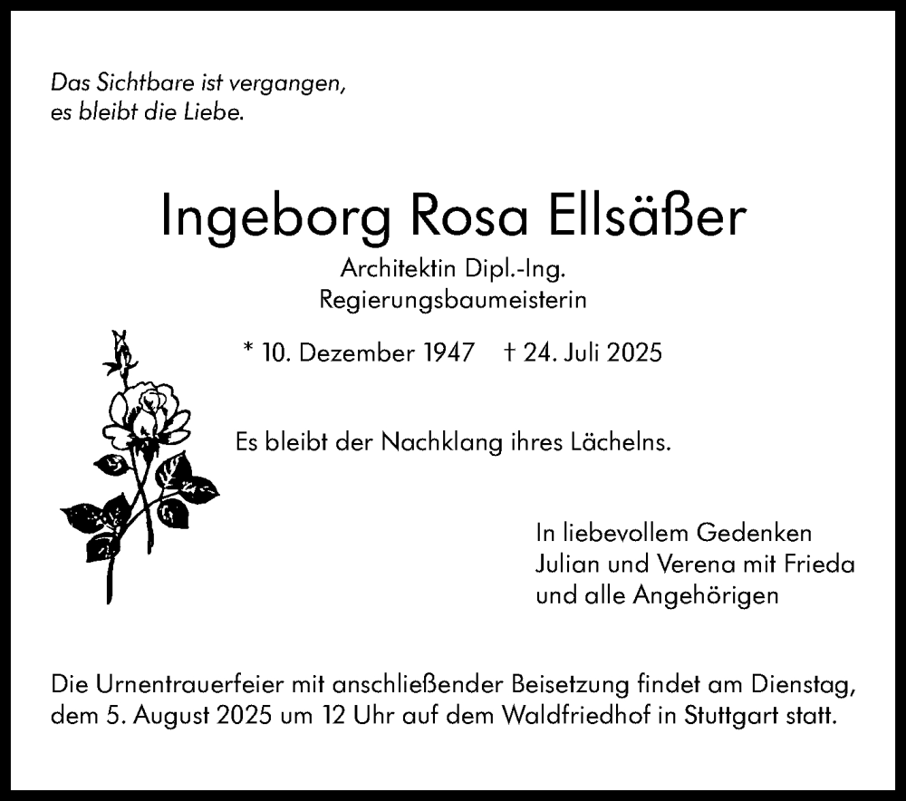  Traueranzeige für Ingeborg Rosa Ellsäßer vom 01.08.2025 aus Stuttgarter Zeitung / Stuttgarter Nachrichten