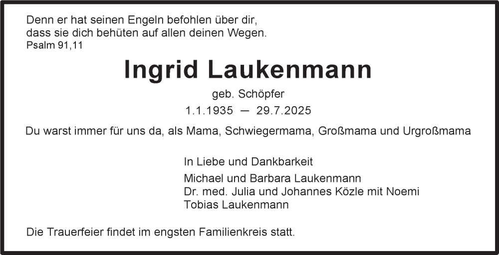  Traueranzeige für Ingrid Laukenmann vom 02.08.2025 aus Stuttgarter Zeitung / Stuttgarter Nachrichten
