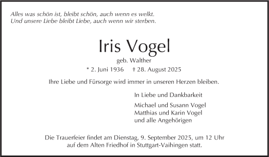 Traueranzeige von Iris Vogel von Stuttgarter Zeitung / Stuttgarter Nachrichten