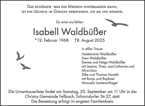 Traueranzeige von Isabell Waldbüßer von Stuttgarter Zeitung / Stuttgarter Nachrichten