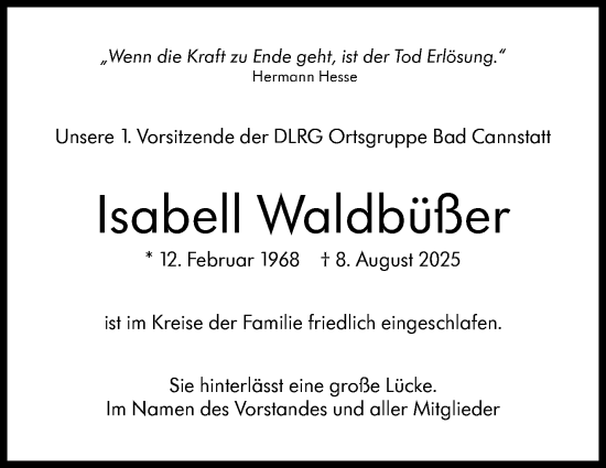 Traueranzeige von Isabell Waldbüßer von Stuttgarter Zeitung / Stuttgarter Nachrichten