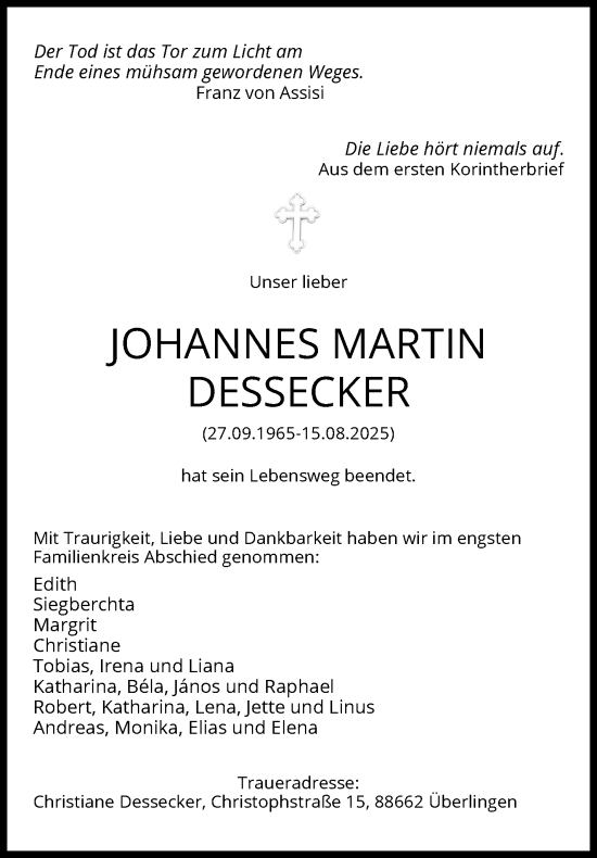 Traueranzeige von Johannes Martin Dessecker von Stuttgarter Zeitung / Stuttgarter Nachrichten