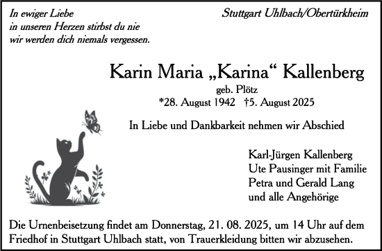 Traueranzeige von Karin Maria Kallenberg von Stuttgarter Zeitung / Stuttgarter Nachrichten