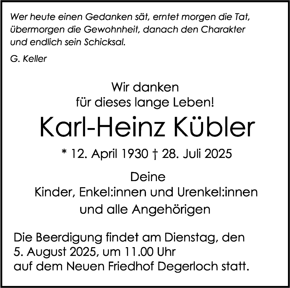  Traueranzeige für Karl-Heinz Kübler vom 02.08.2025 aus Stuttgarter Zeitung / Stuttgarter Nachrichten