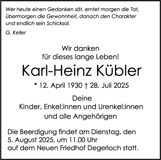 Traueranzeige von Karl-Heinz Kübler von Stuttgarter Zeitung / Stuttgarter Nachrichten