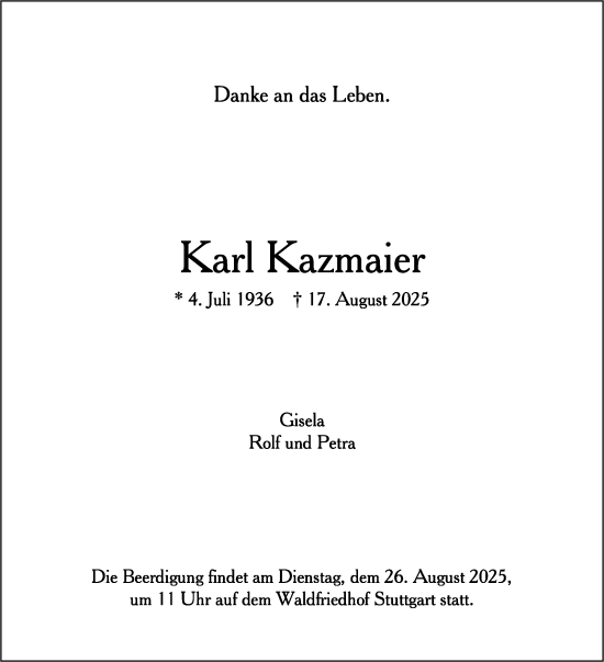 Traueranzeige von Karl Kazmaier von Stuttgarter Zeitung / Stuttgarter Nachrichten