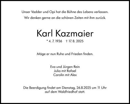 Traueranzeige von Karl Kazmaier von Stuttgarter Zeitung / Stuttgarter Nachrichten