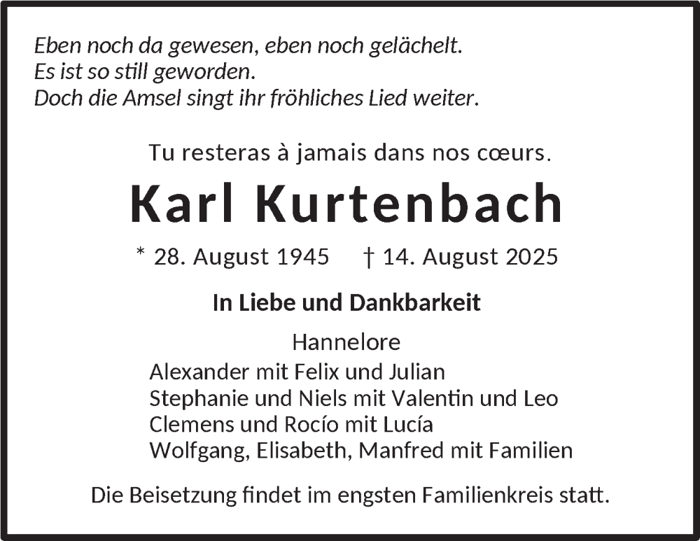  Traueranzeige für Karl Kurtenbach vom 23.08.2025 aus Stuttgarter Zeitung / Stuttgarter Nachrichten