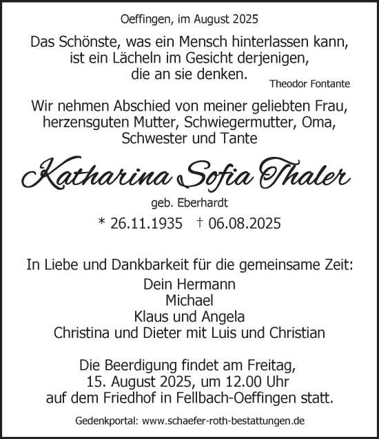 Traueranzeige von Katharina Sofia Thaler von Stuttgarter Zeitung / Stuttgarter Nachrichten