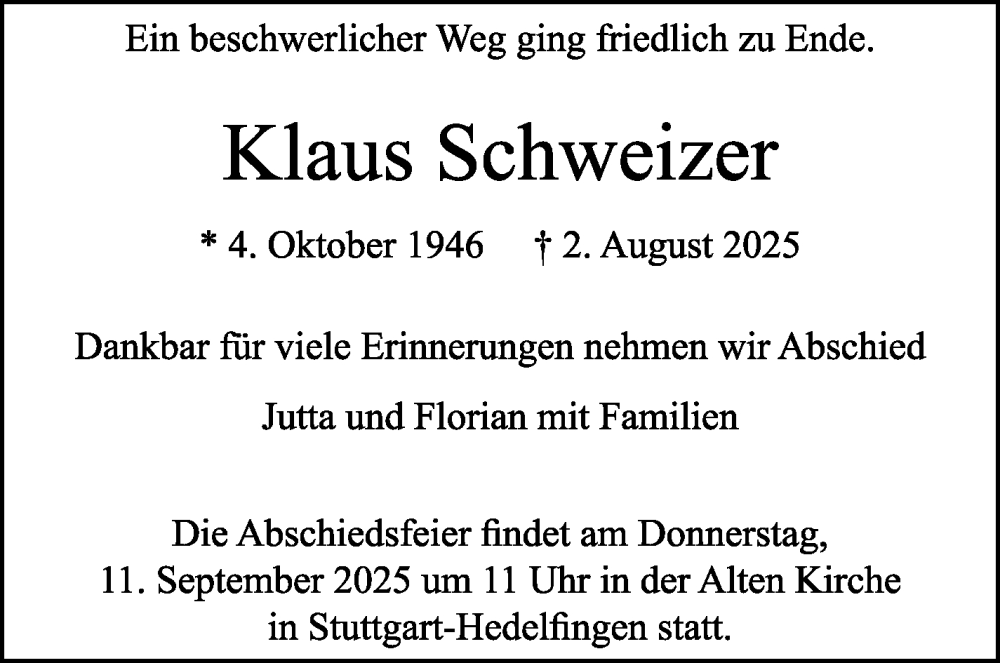  Traueranzeige für Klaus Schweizer vom 30.08.2025 aus Stuttgarter Zeitung / Stuttgarter Nachrichten
