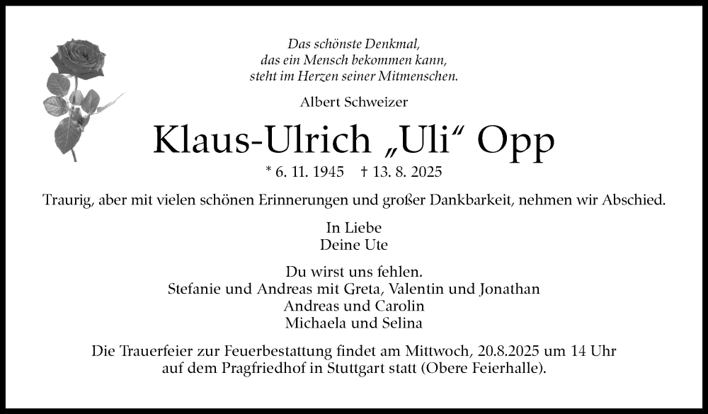 Traueranzeige für Klaus-Ulrich Opp vom 19.08.2025 aus Stuttgarter Zeitung / Stuttgarter Nachrichten