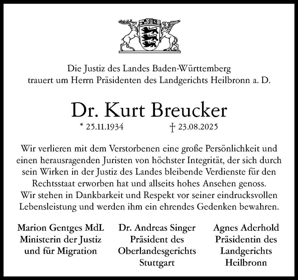  Traueranzeige für Kurt Breucker vom 30.08.2025 aus Stuttgarter Zeitung / Stuttgarter Nachrichten