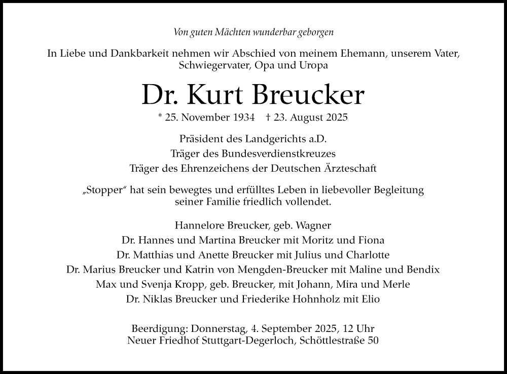  Traueranzeige für Kurt Breucker vom 30.08.2025 aus Stuttgarter Zeitung / Stuttgarter Nachrichten