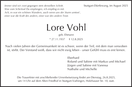 Traueranzeige von Lore Vohl von Stuttgarter Zeitung / Stuttgarter Nachrichten