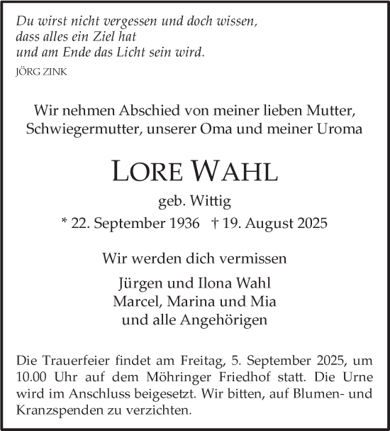 Traueranzeige von Lore Wahl von Stuttgarter Zeitung / Stuttgarter Nachrichten