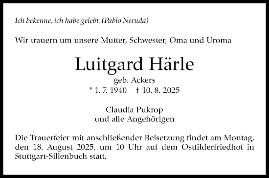 Traueranzeige von Luitgard Härle von Stuttgarter Zeitung / Stuttgarter Nachrichten