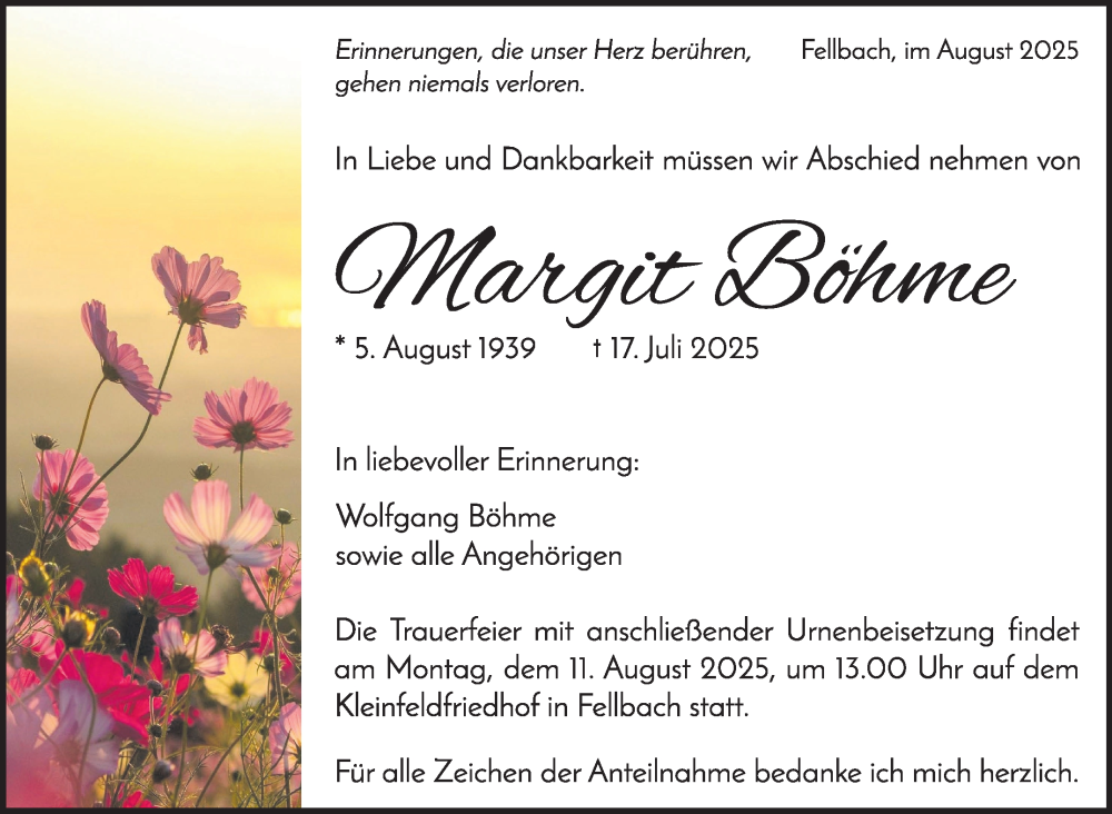  Traueranzeige für Margit Böhme vom 06.08.2025 aus Stuttgarter Zeitung / Stuttgarter Nachrichten