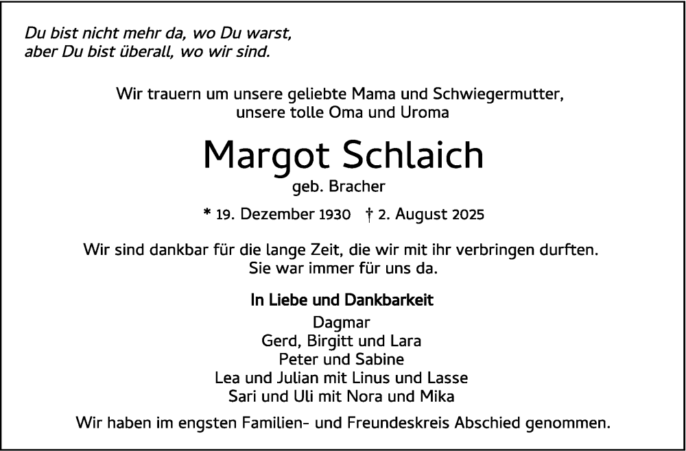  Traueranzeige für Margot Schlaich vom 16.08.2025 aus Stuttgarter Zeitung / Stuttgarter Nachrichten
