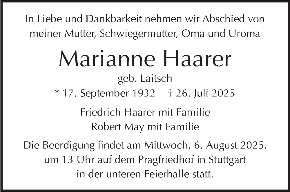  Traueranzeige für Marianne Haarer vom 02.08.2025 aus Stuttgarter Zeitung / Stuttgarter Nachrichten