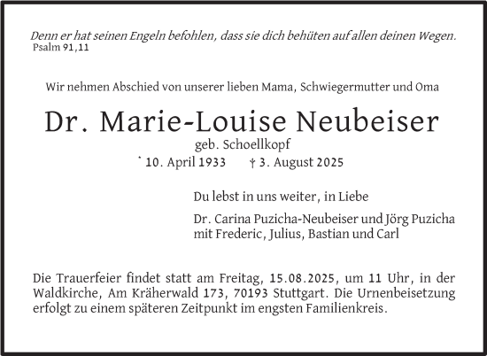 Traueranzeige von Marie-Louise Neubeiser von Stuttgarter Zeitung / Stuttgarter Nachrichten